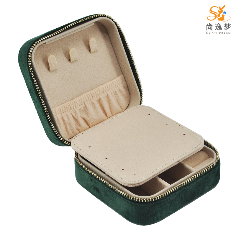 Green Color Velvet Double Layers Travel Jewelry Box with Mirror